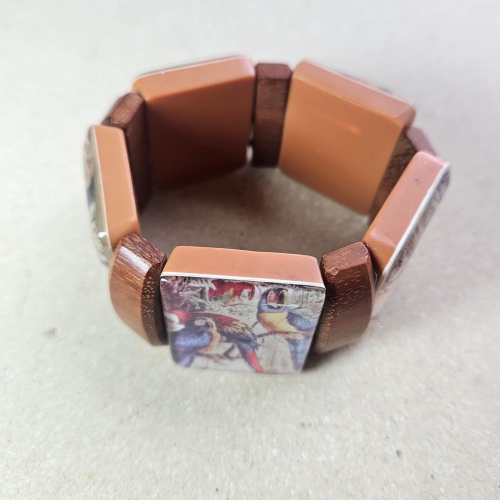 Vtg 50s 60s Wood Resin Parrot Bird Stretch Bracelet Tropical Hawaiian Brown - Picture 3 of 5